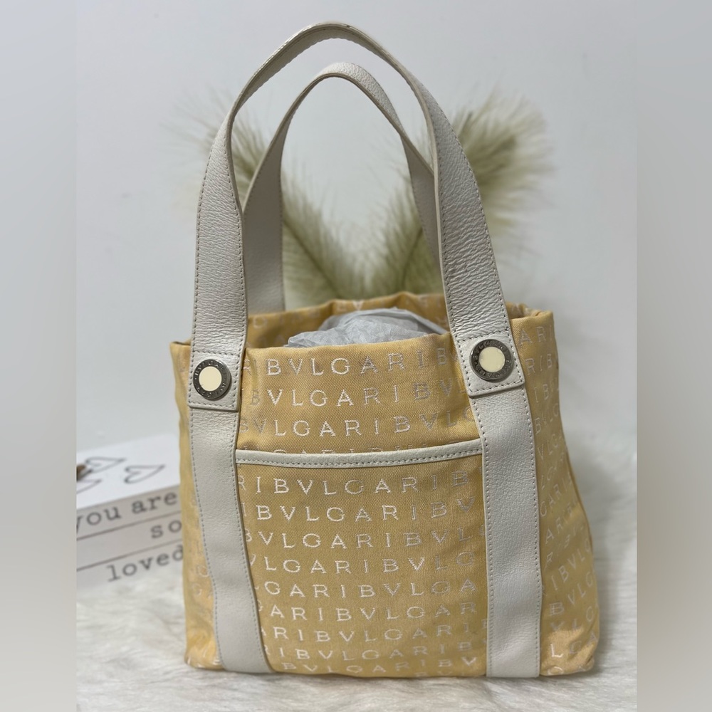 BVLGARI Tote Bag Logocomania yellow Canvas white handle Authentic Preloved